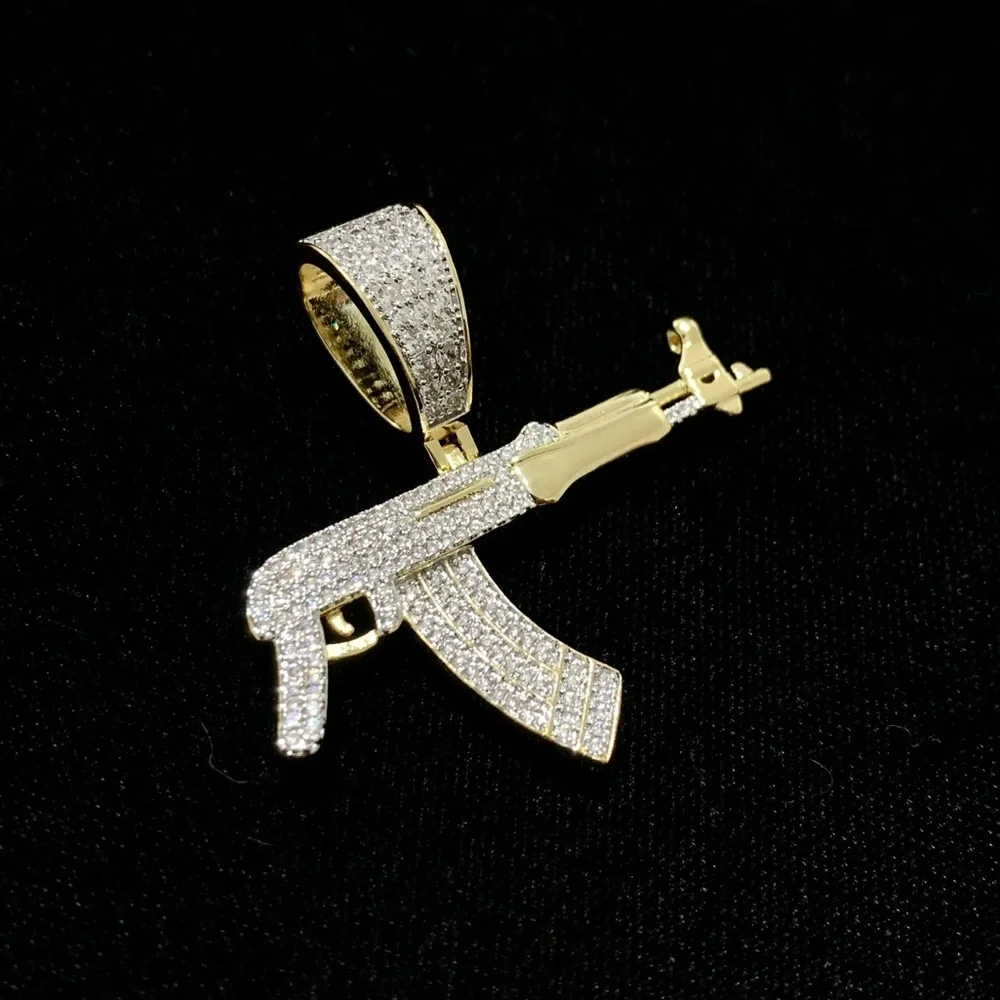 EXCLUSIVE AK47 PENDANT NECKLACE 18K GOLD FULL LAB DIAMONDS CHAIN MADE IN ITALY!